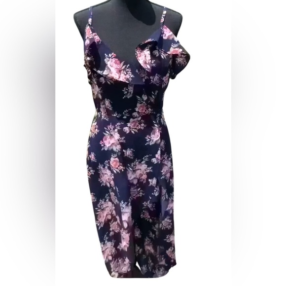 IZ BYER HIGH-LOW BLUE FLORAL RUFFLE SUMMER ROMPER MAXI DRESS WRAP AROUND SZ 11 - Picture 1 of 11